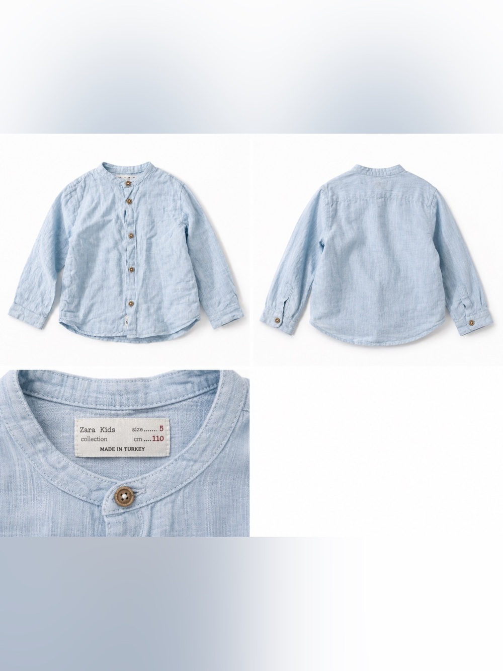 Zara Kids Linen Blend Button Up Shirt Size 5 Light Blue Mandarin Collar 110 cm